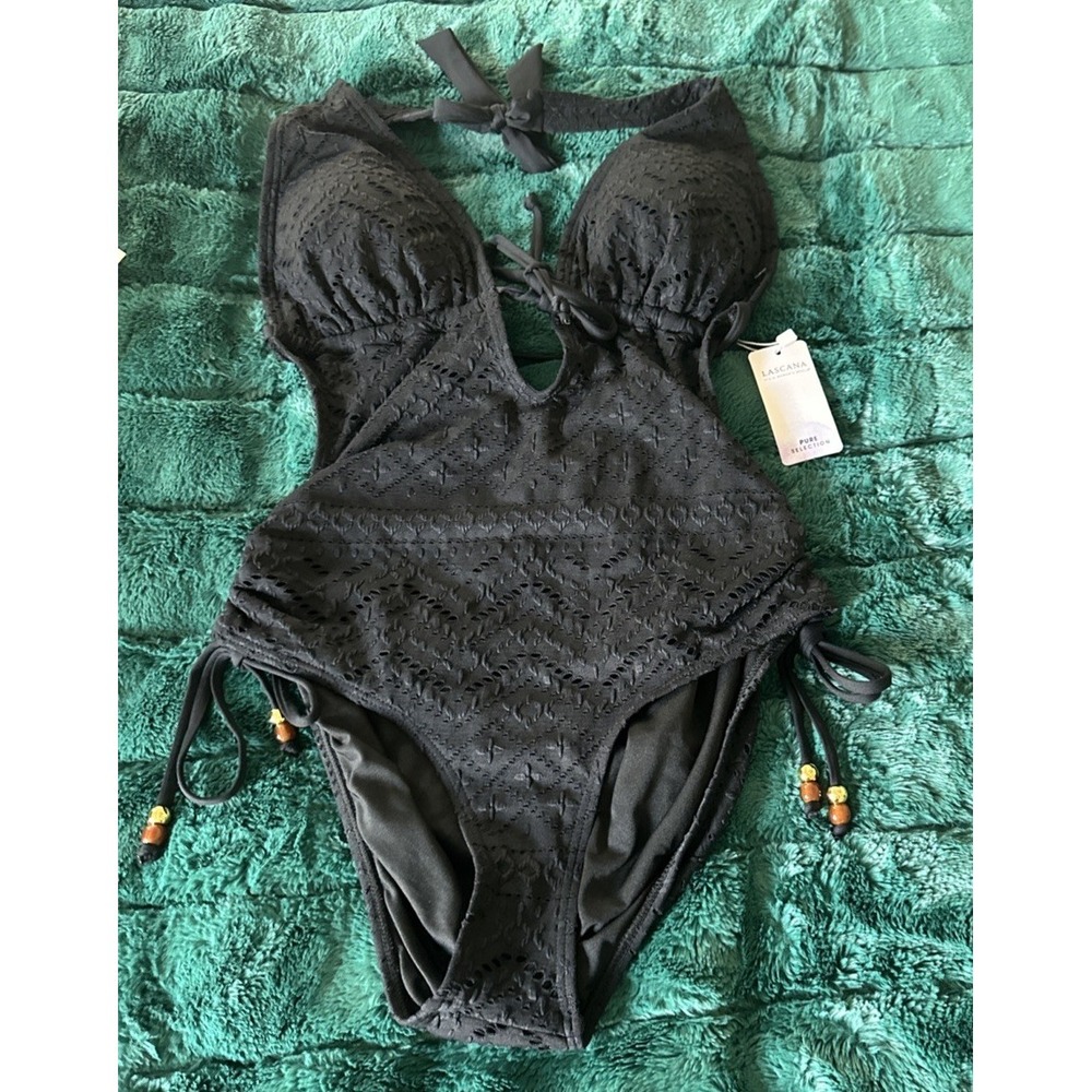Lascana Pure Selection Size 8 C/D Plunge Crochet Halter One Piece Swimsuit Black - Picture 5 of 14